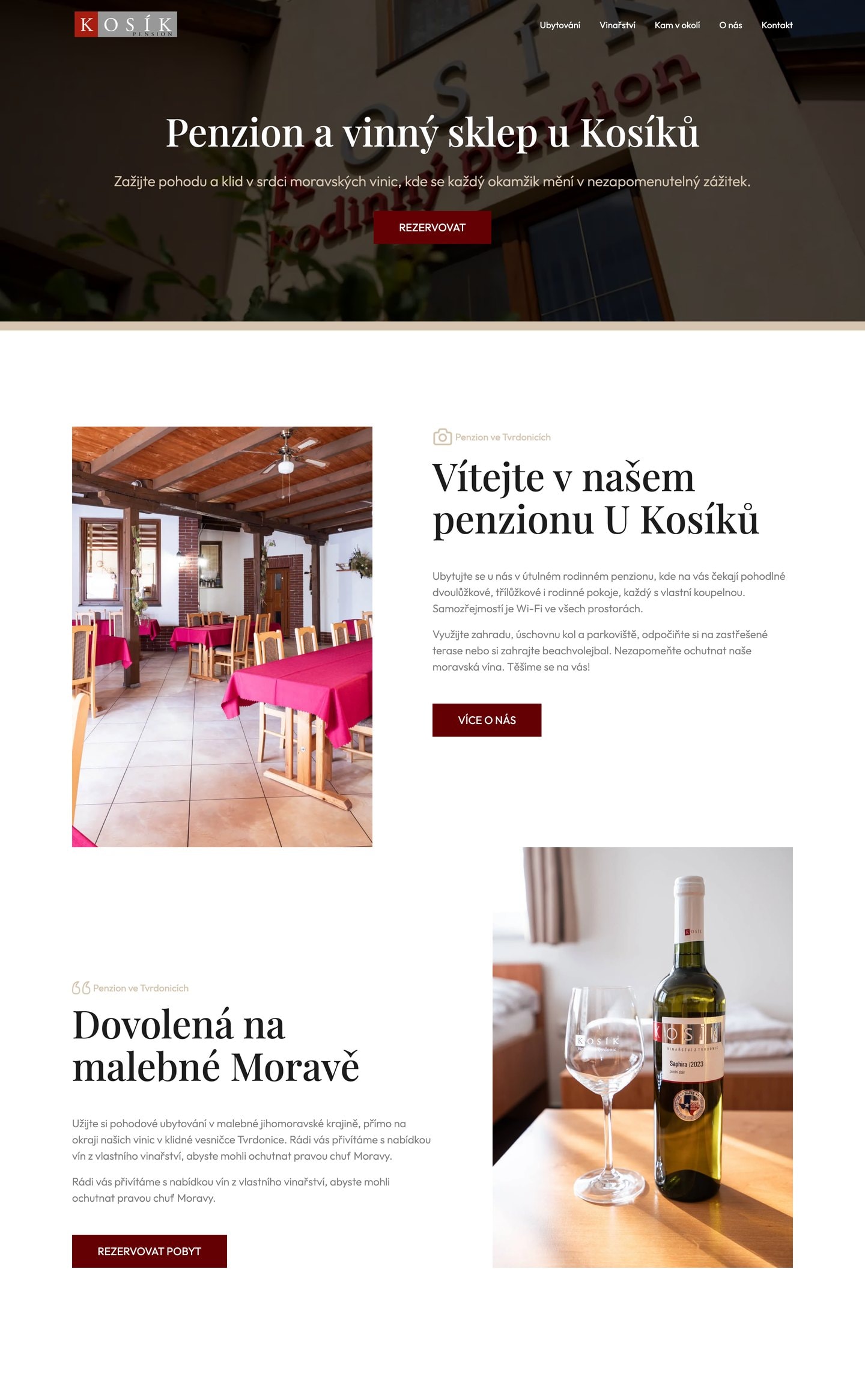 Domovská stránka Penzionu u Kosíků: úvod s tlačítkem rezervace, uvítací sekce a sekce o dovolené s fotografiemi